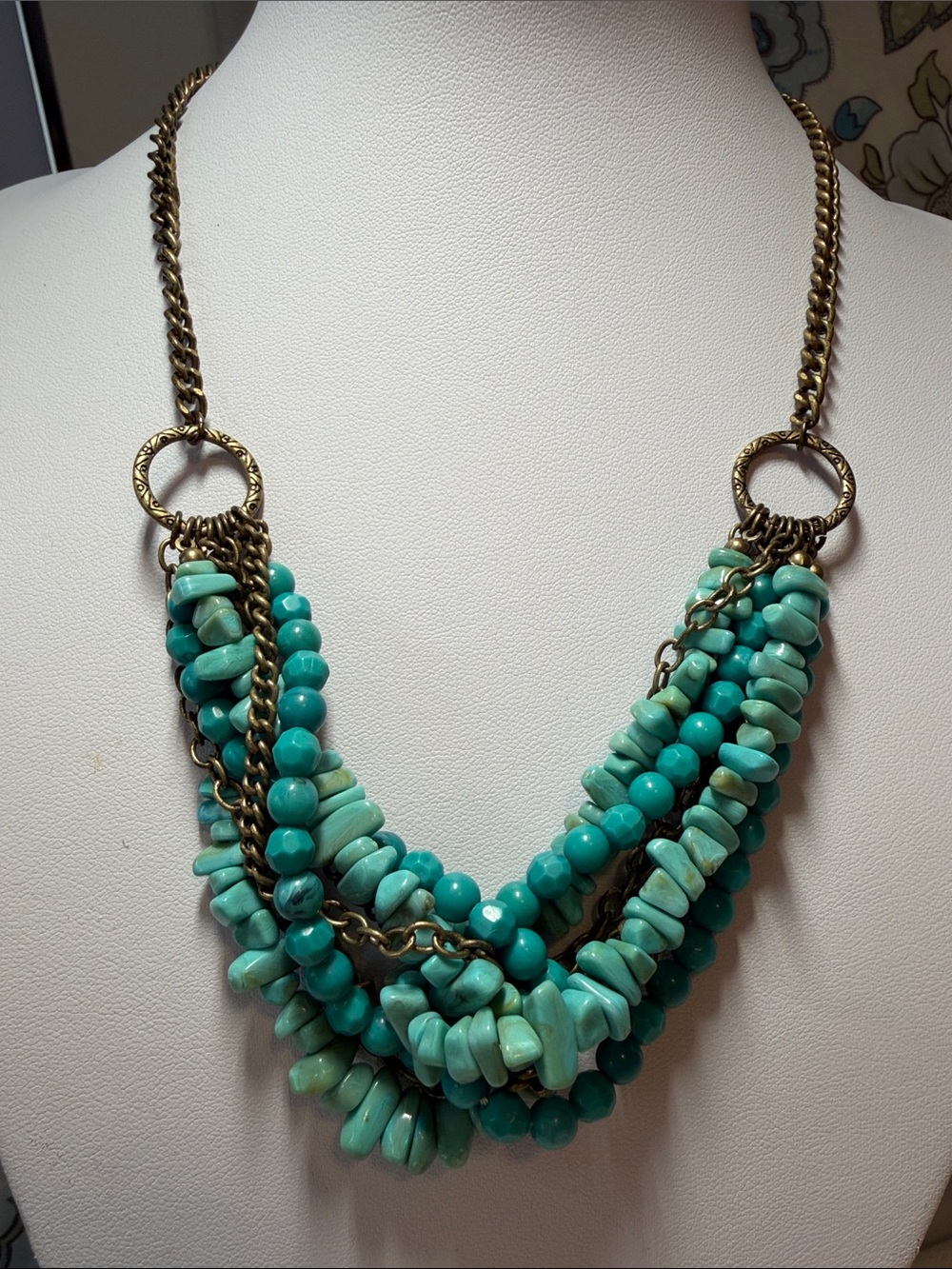 NRT Turquoise Blue Multi Strand Statement Necklace Antique Brass Boho